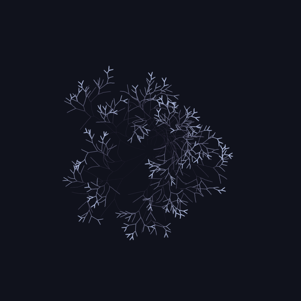 Wildling — airy radial dendritic growth, indigo to silver